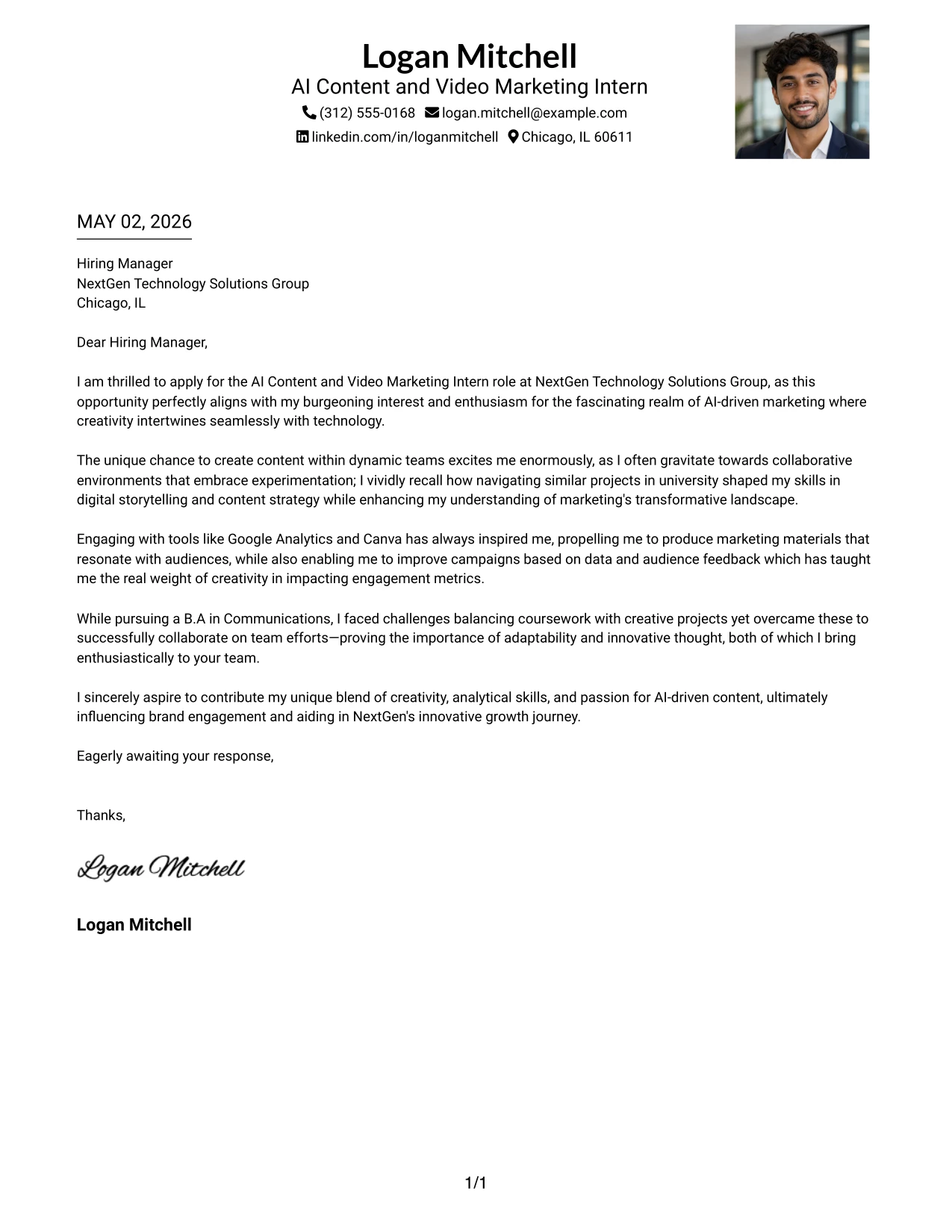 AI Content and Video Marketing Intern Cover Letter Example One Column Format with Photo Right