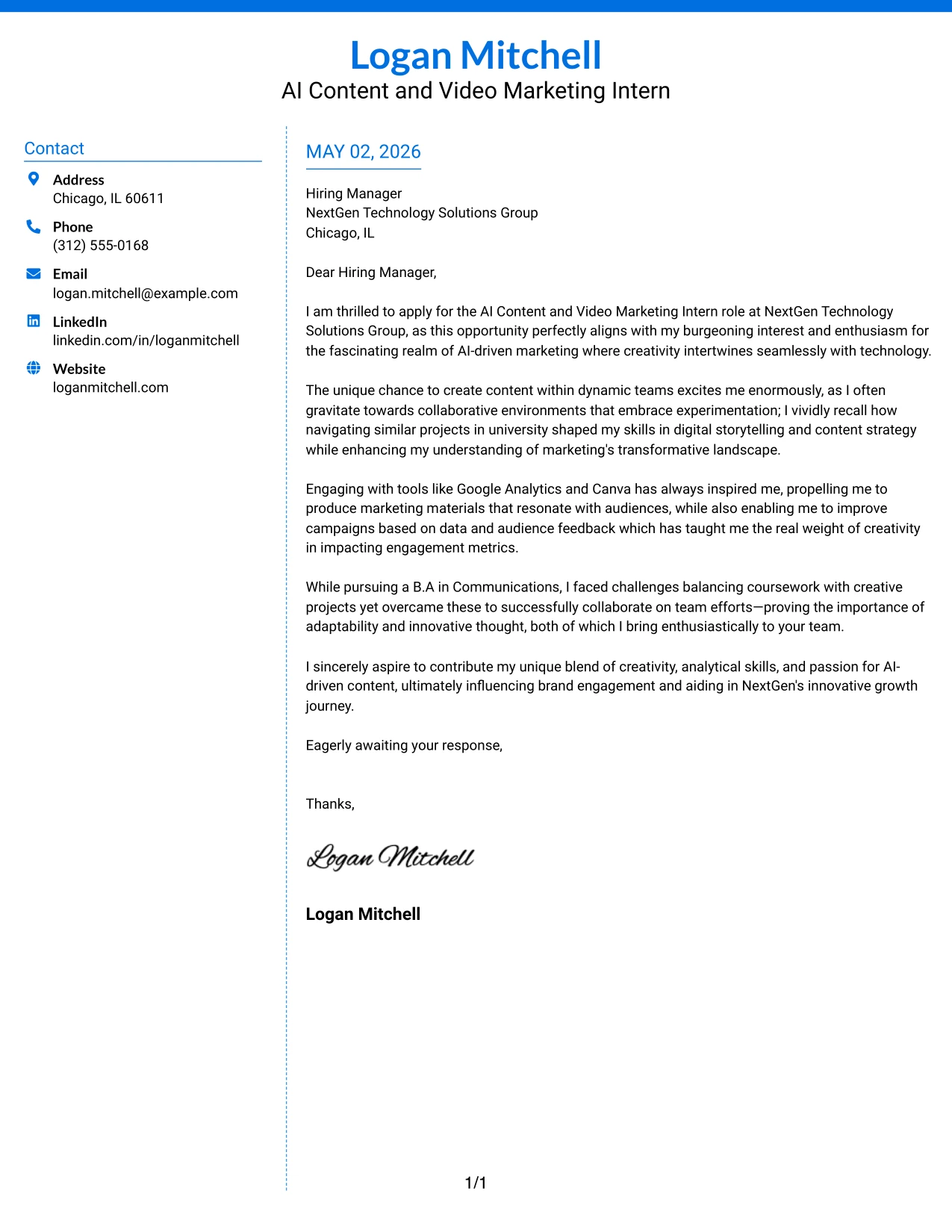 AI Content and Video Marketing Intern Cover Letter Example Colored Two Column Format