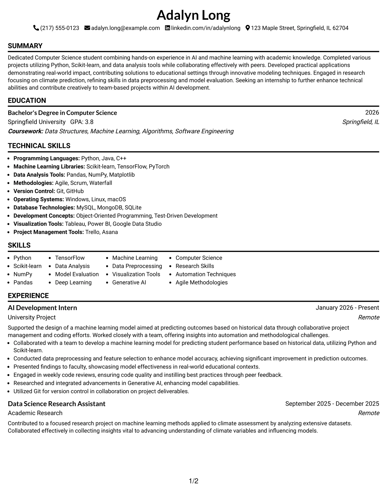 Resume Example Page 1