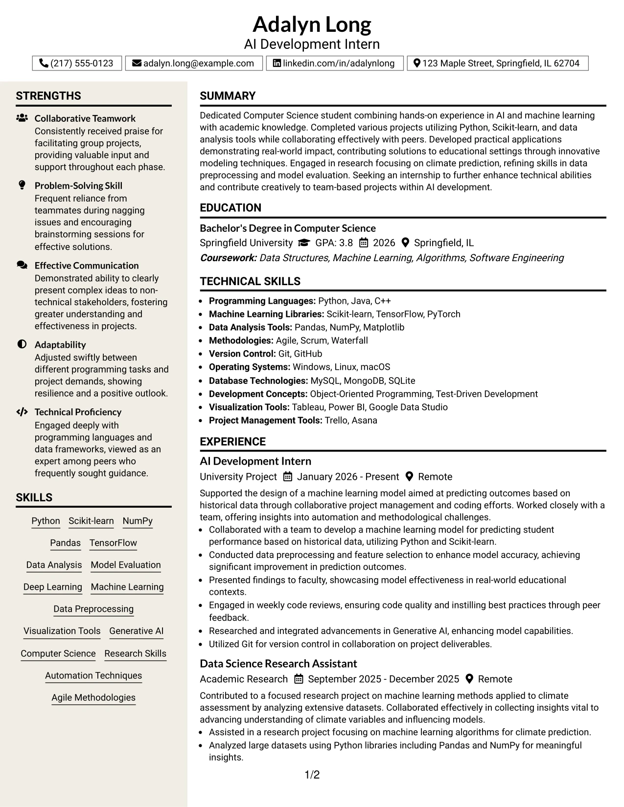 Resume Example Page 1