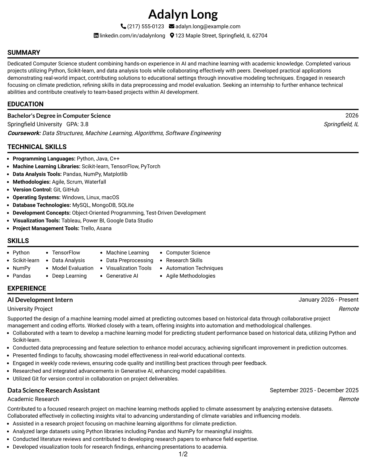 Resume Example Page 1