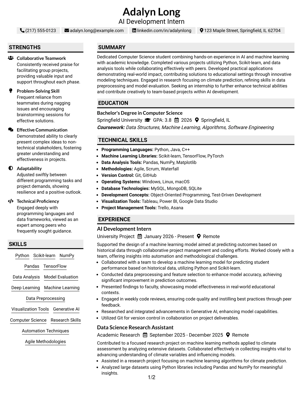 Resume Example Page 1