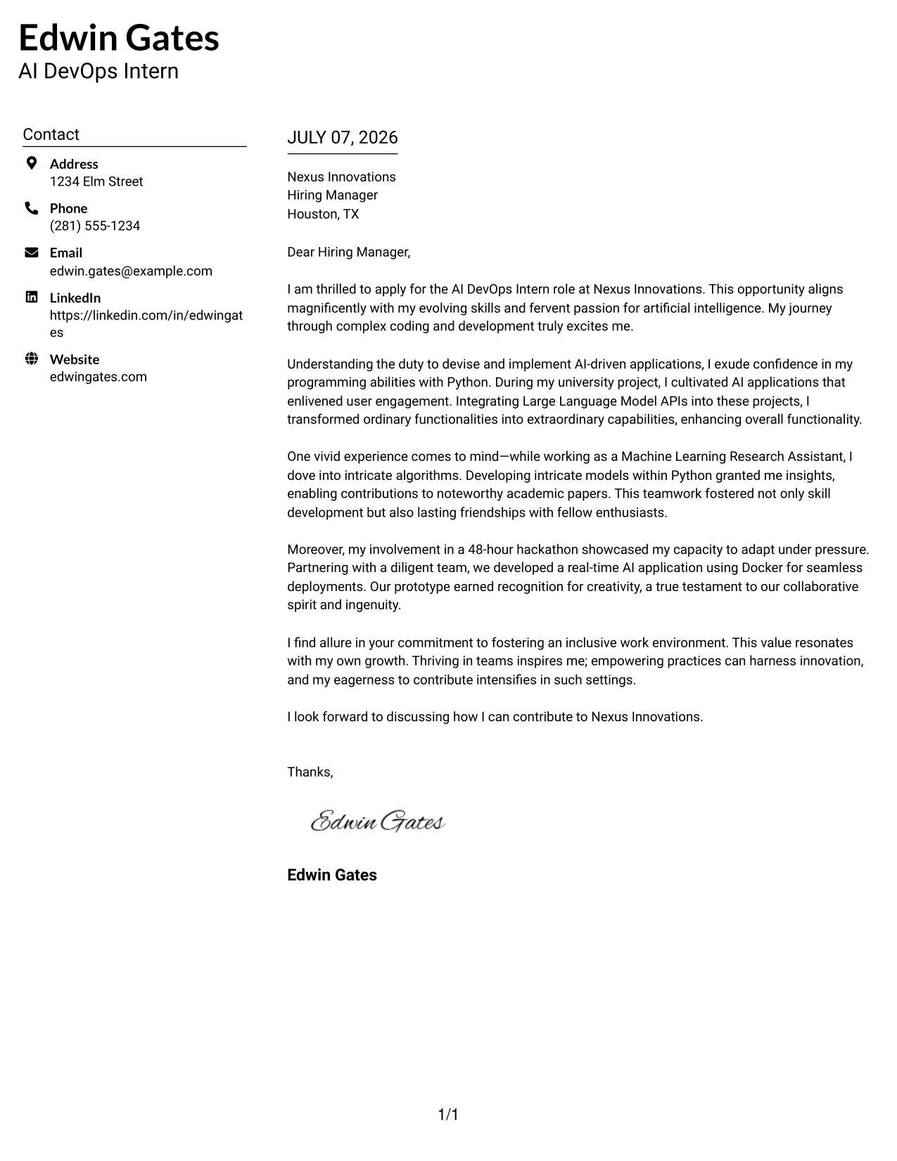 Resume Example Page 1