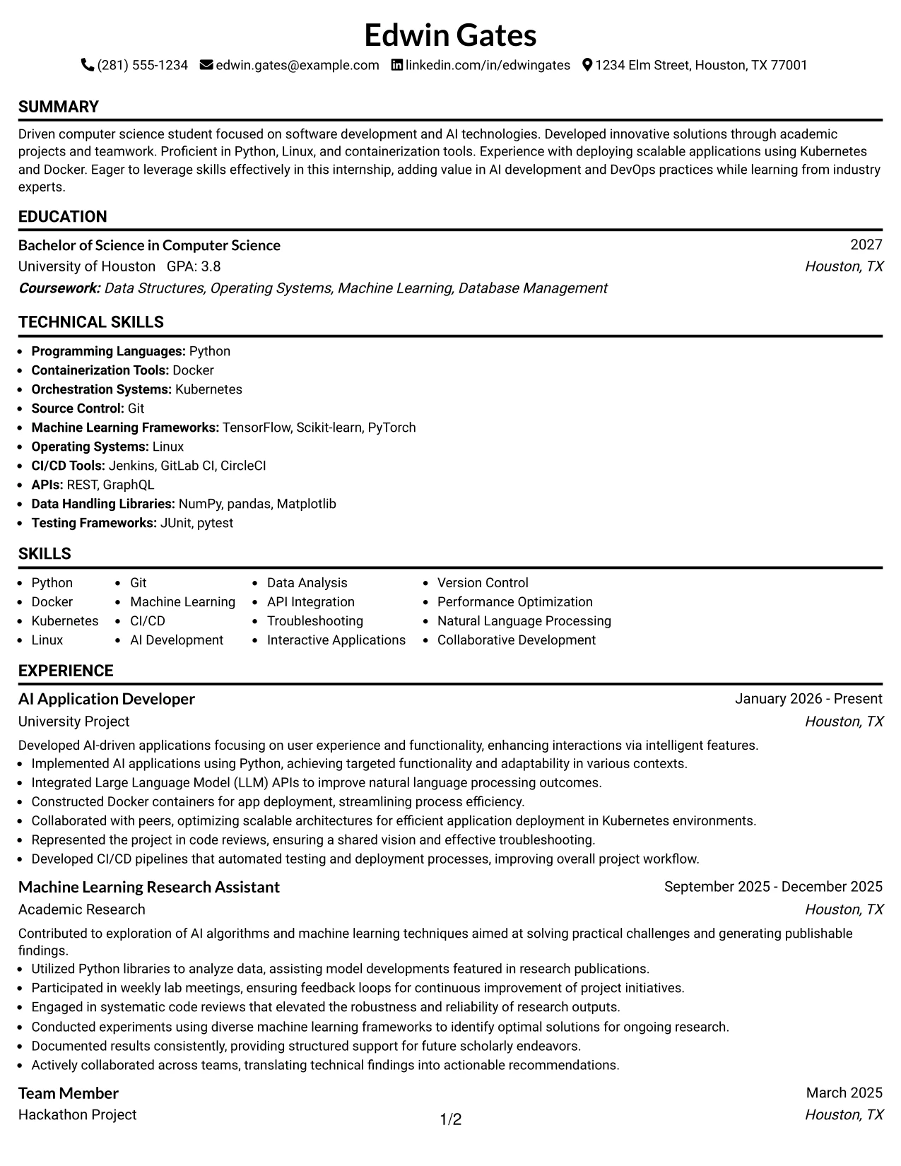 Resume Example Page 1