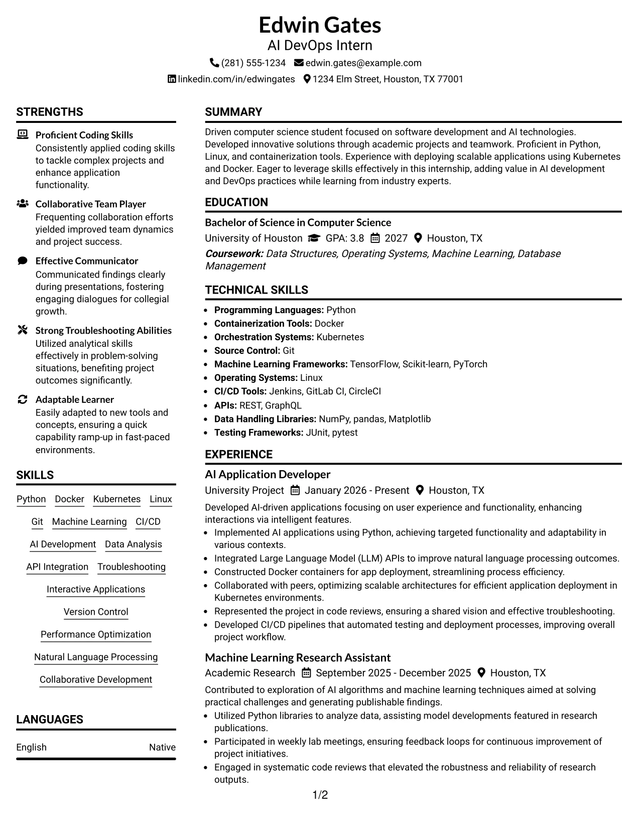 Resume Example Page 1