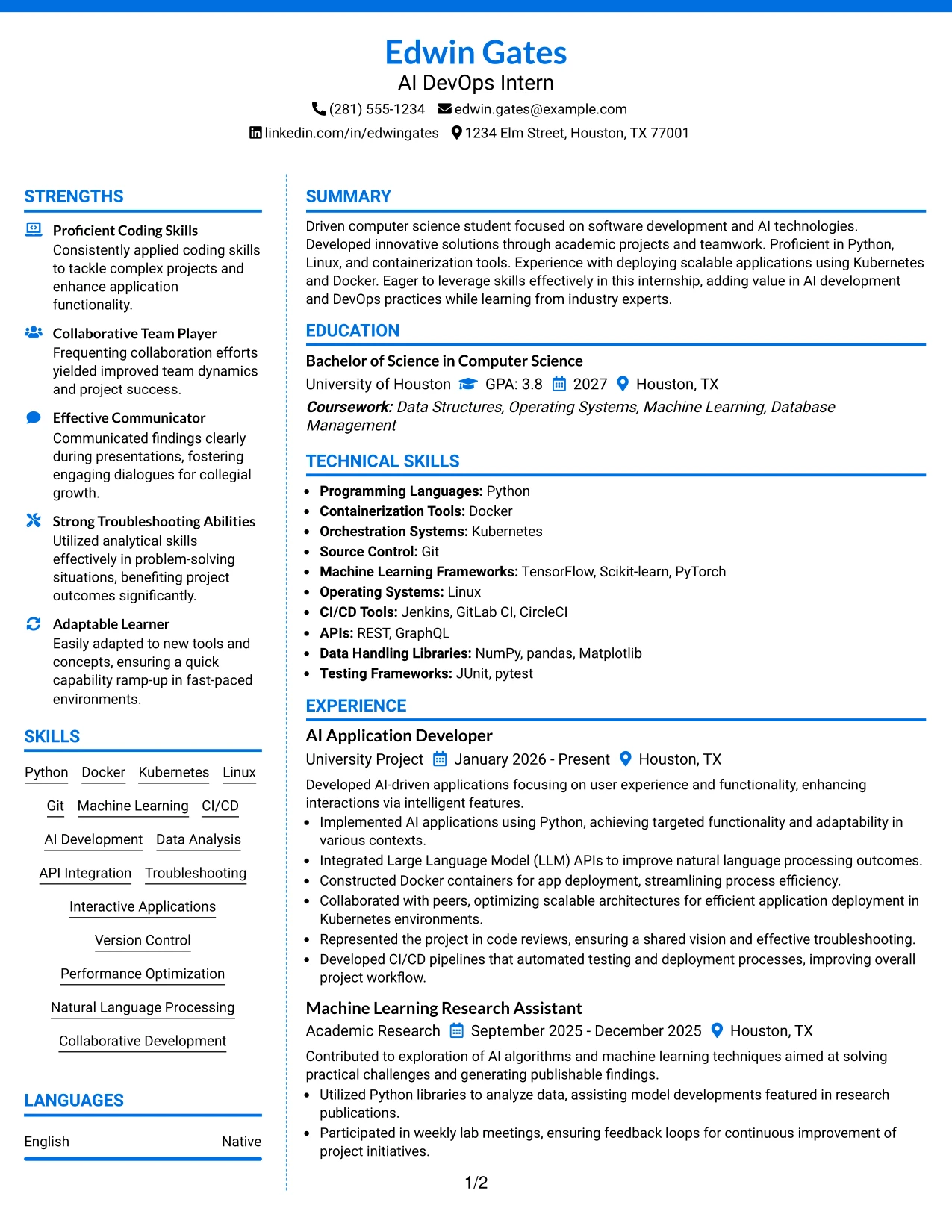 Resume Example Page 1