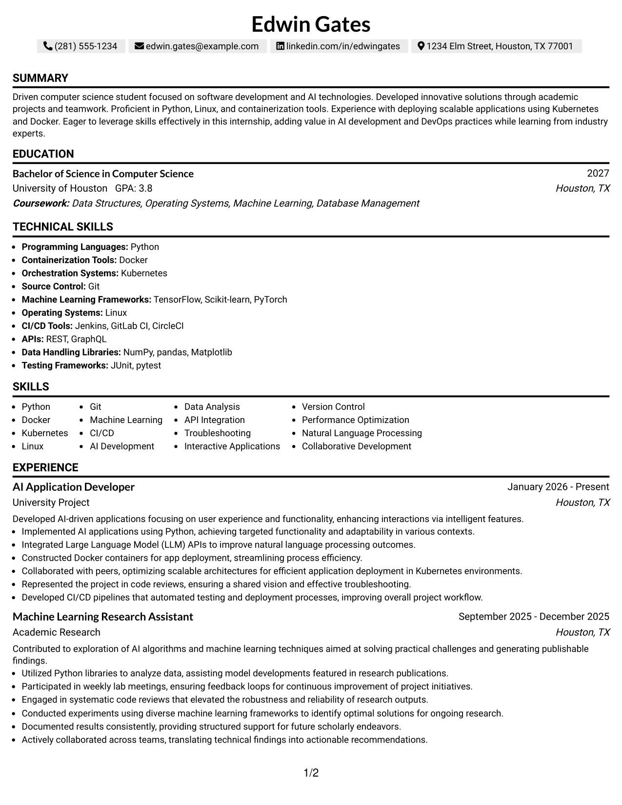 Resume Example Page 1