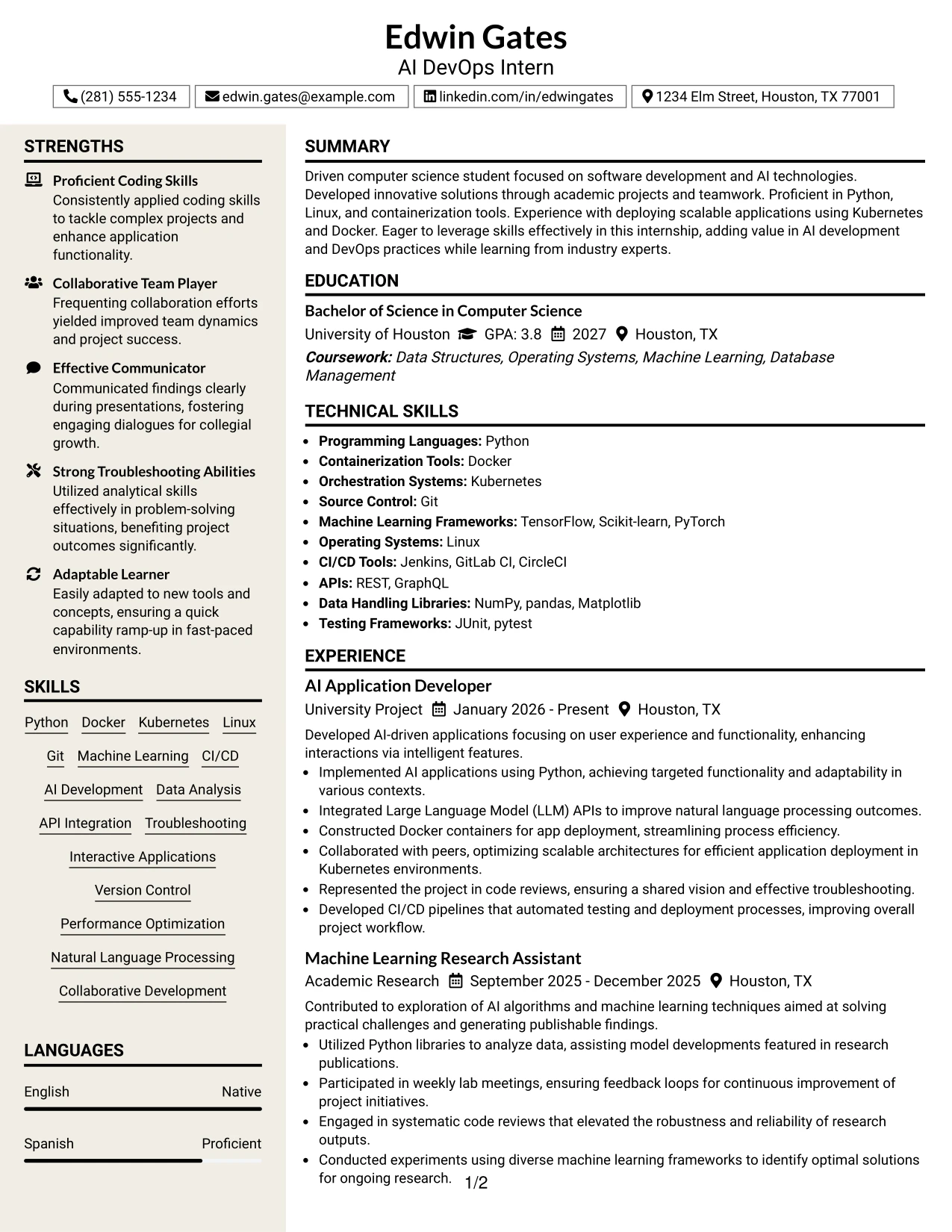 Resume Example Page 1
