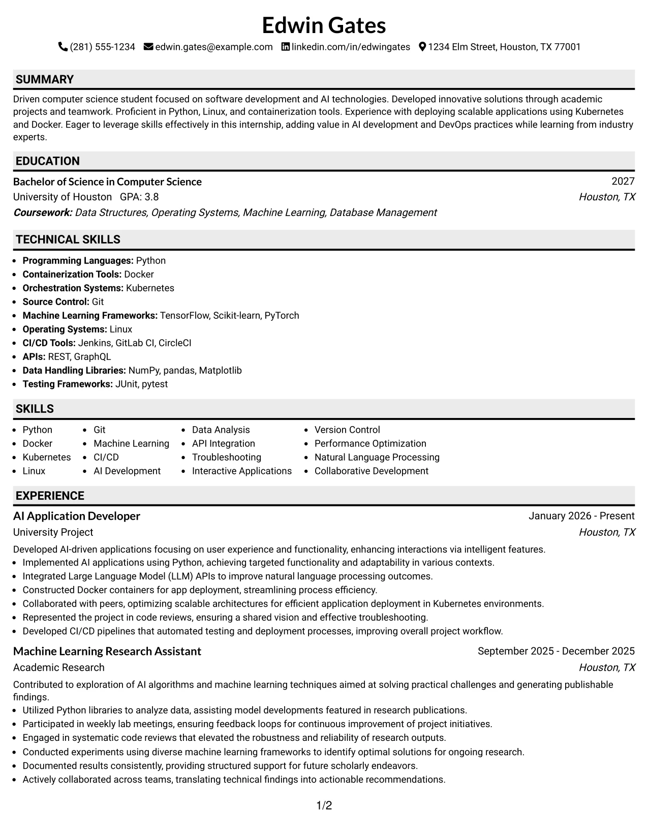 Resume Example Page 1