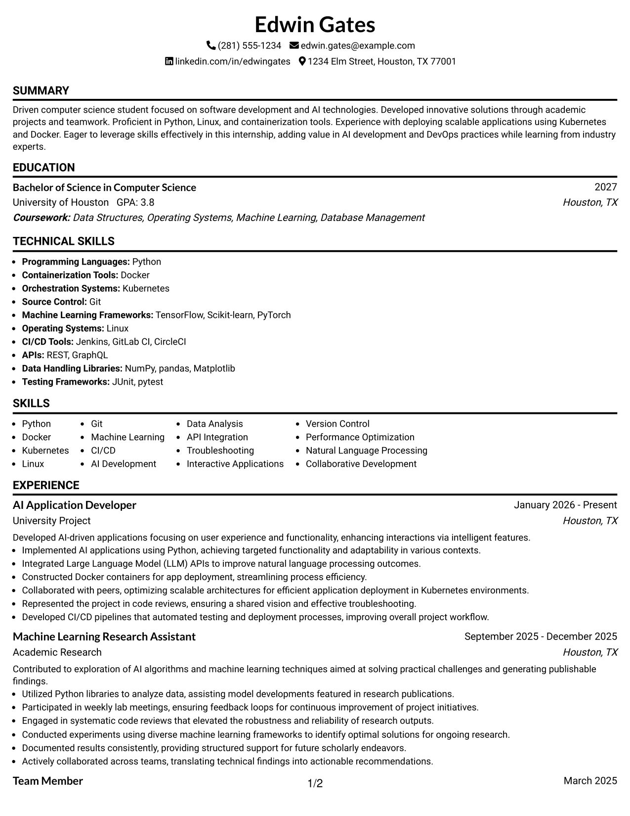Resume Example Page 1