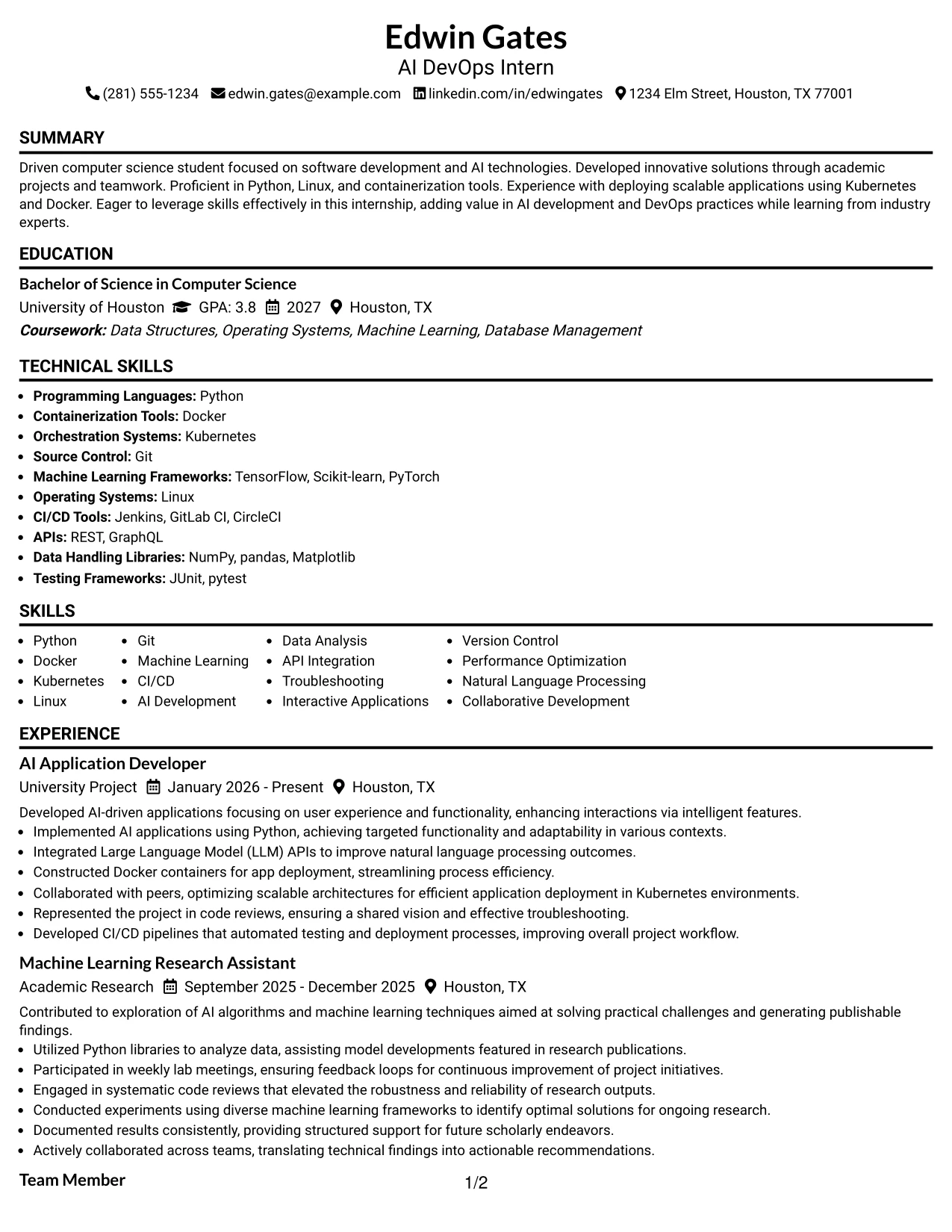 Resume Example Page 1