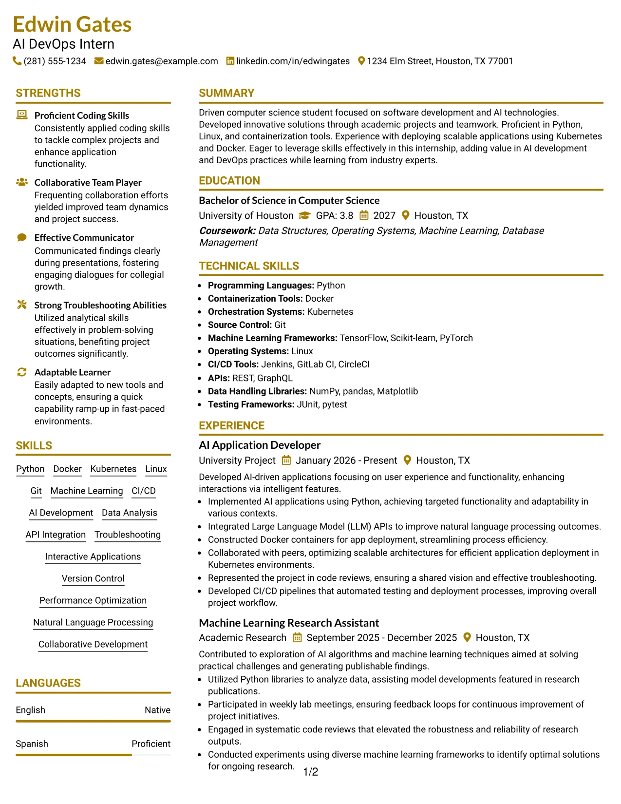 Resume Example Page 1