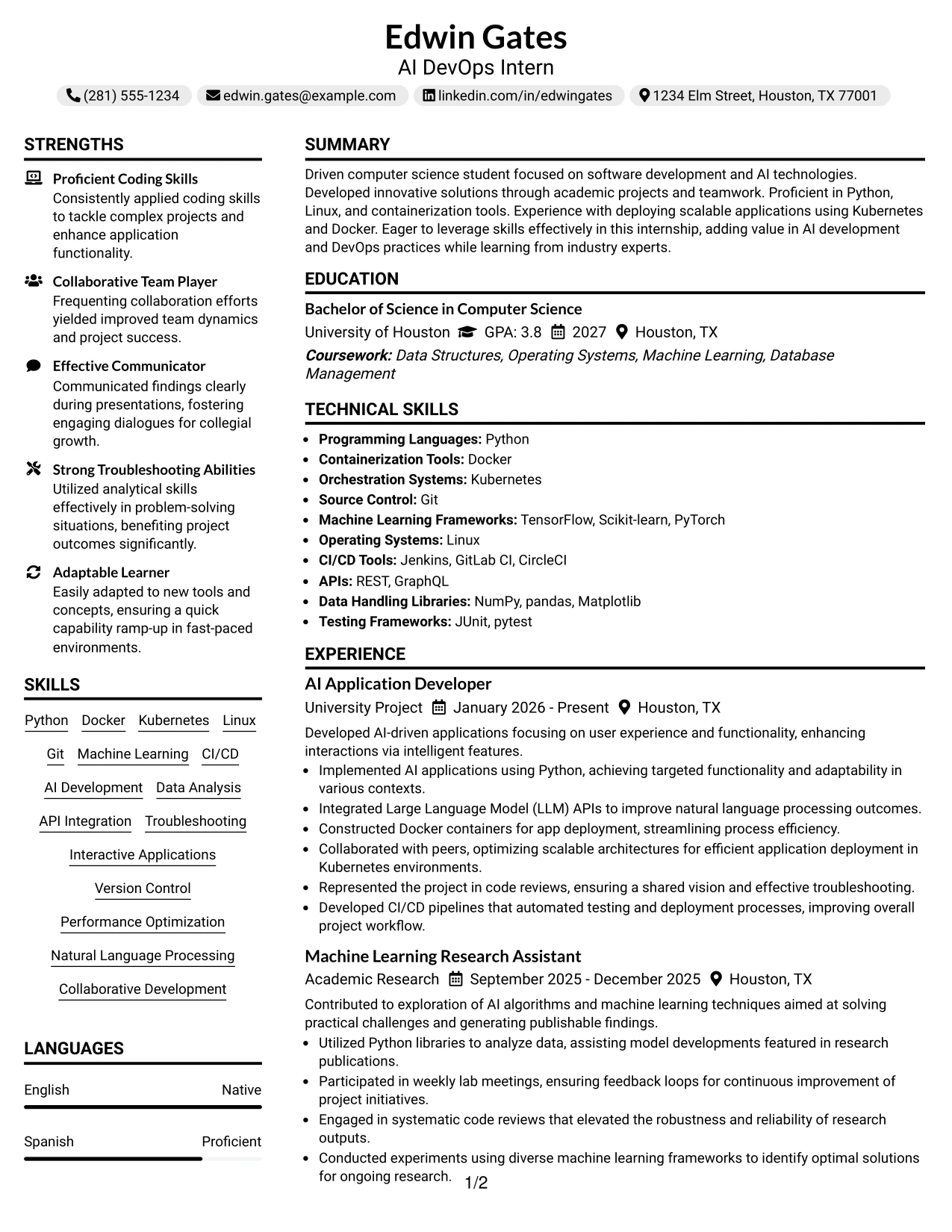Resume Example Page 1