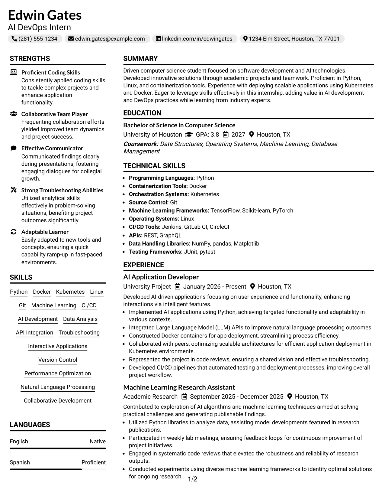Resume Example Page 1