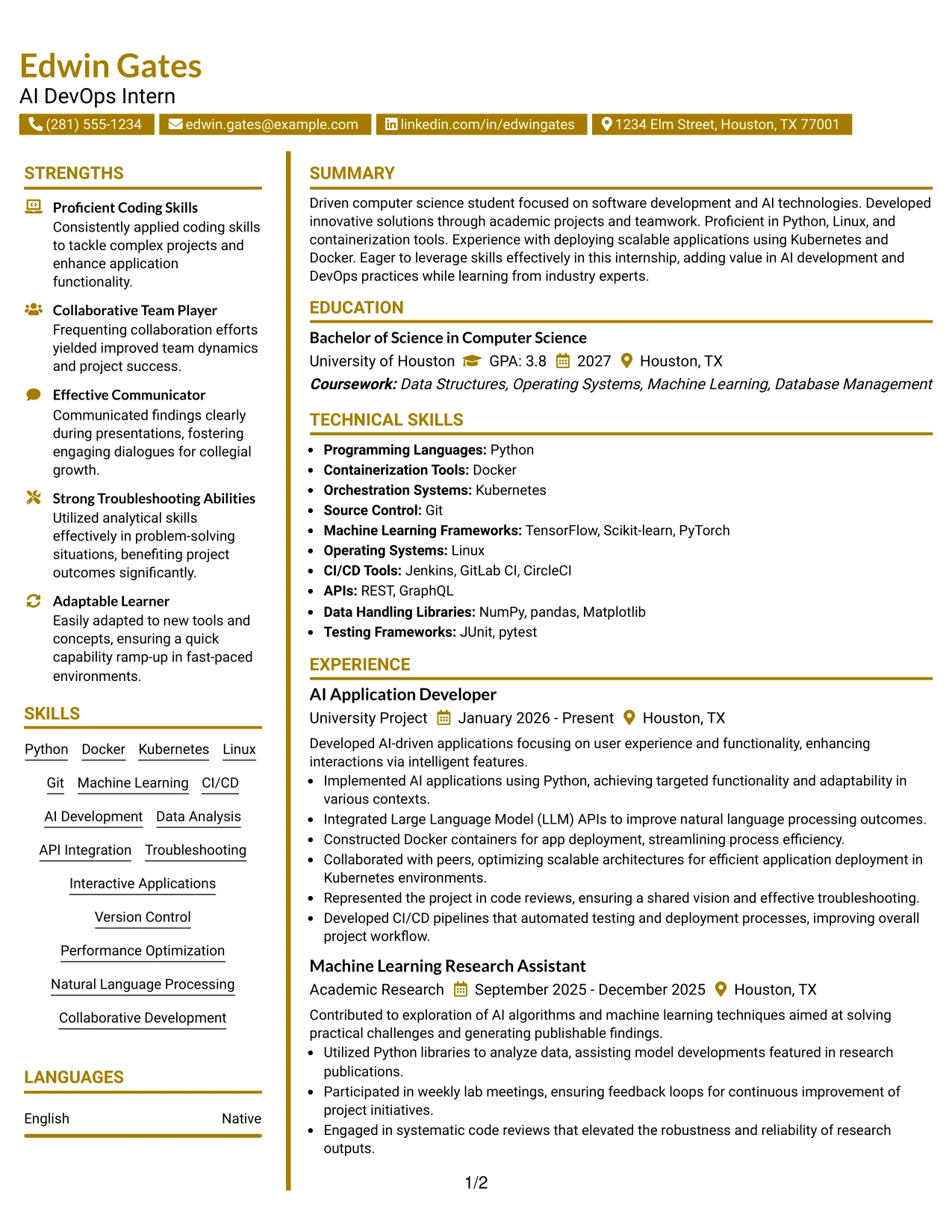 Resume Example Page 1