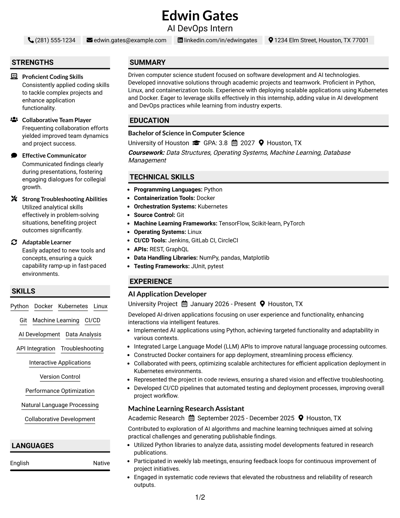 Resume Example Page 1