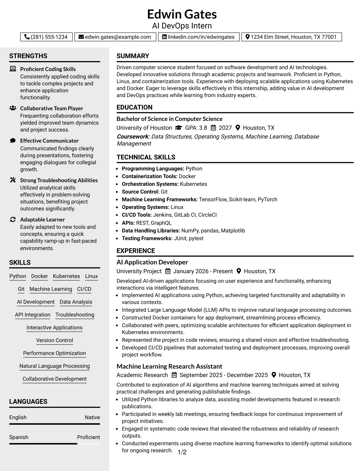 Resume Example Page 1