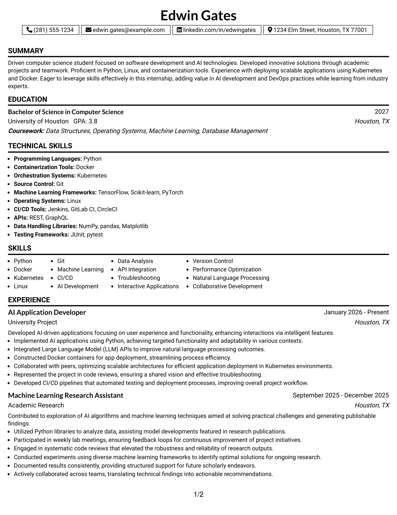 Resume Example Page 1