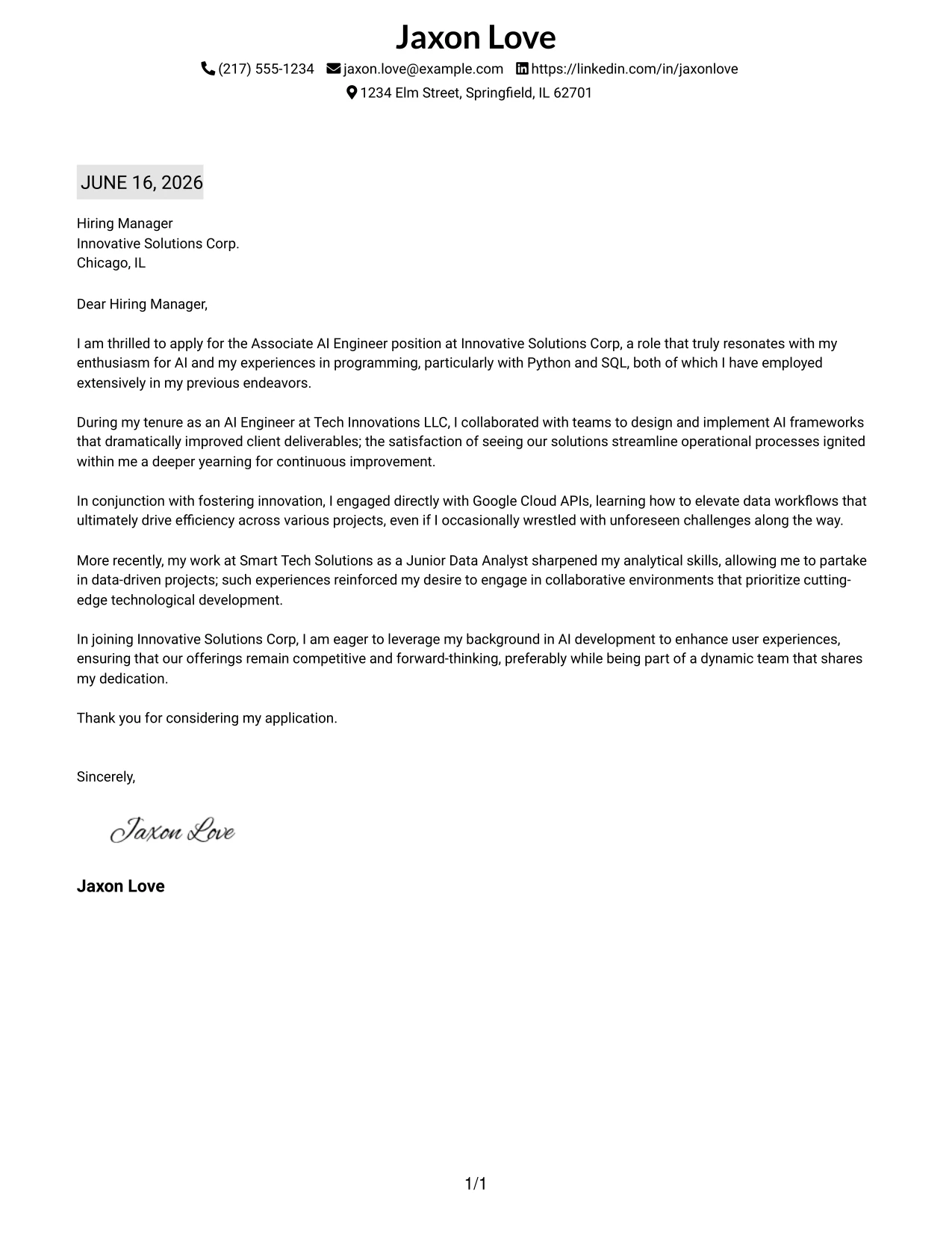 Resume Example Page 1