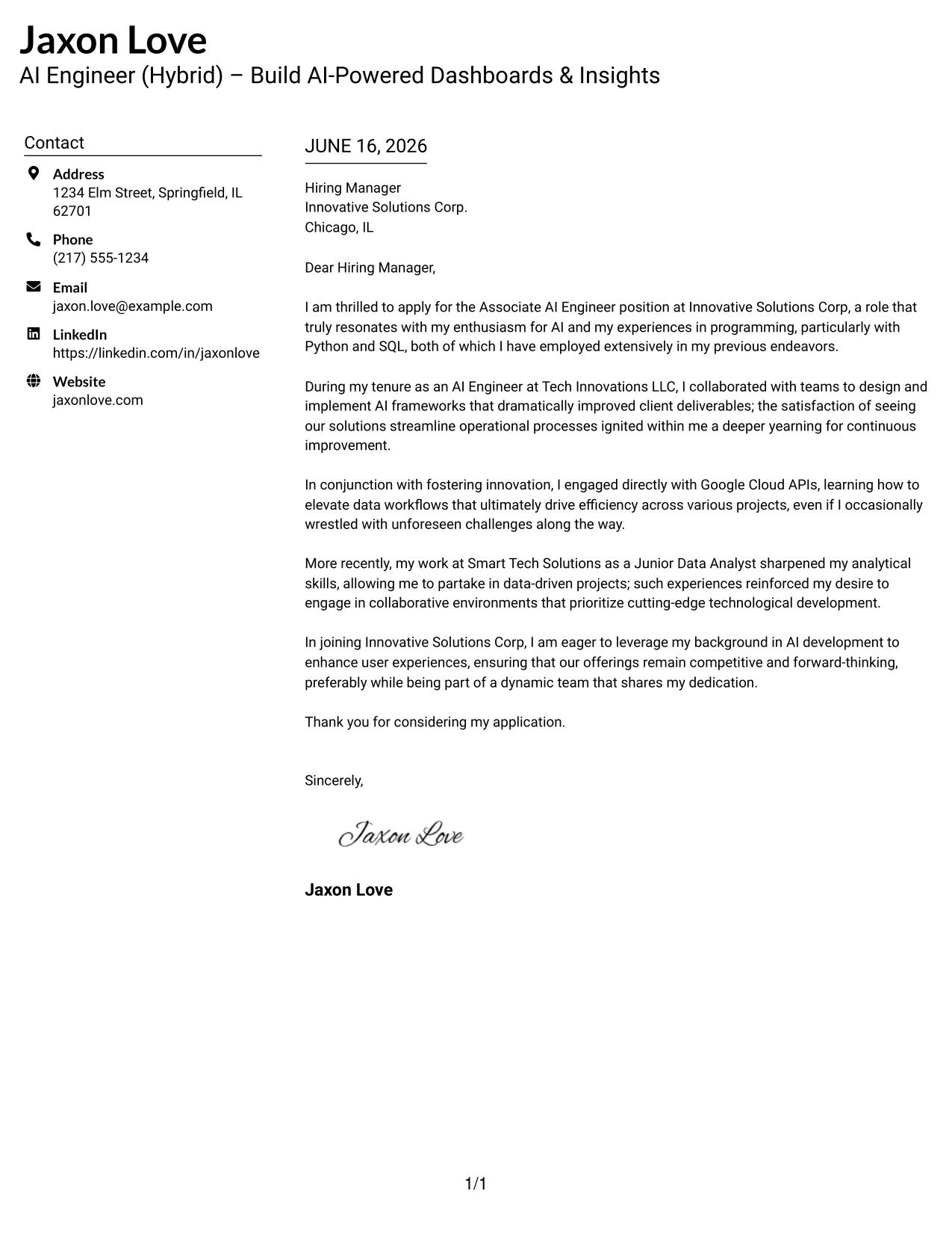 Resume Example Page 1