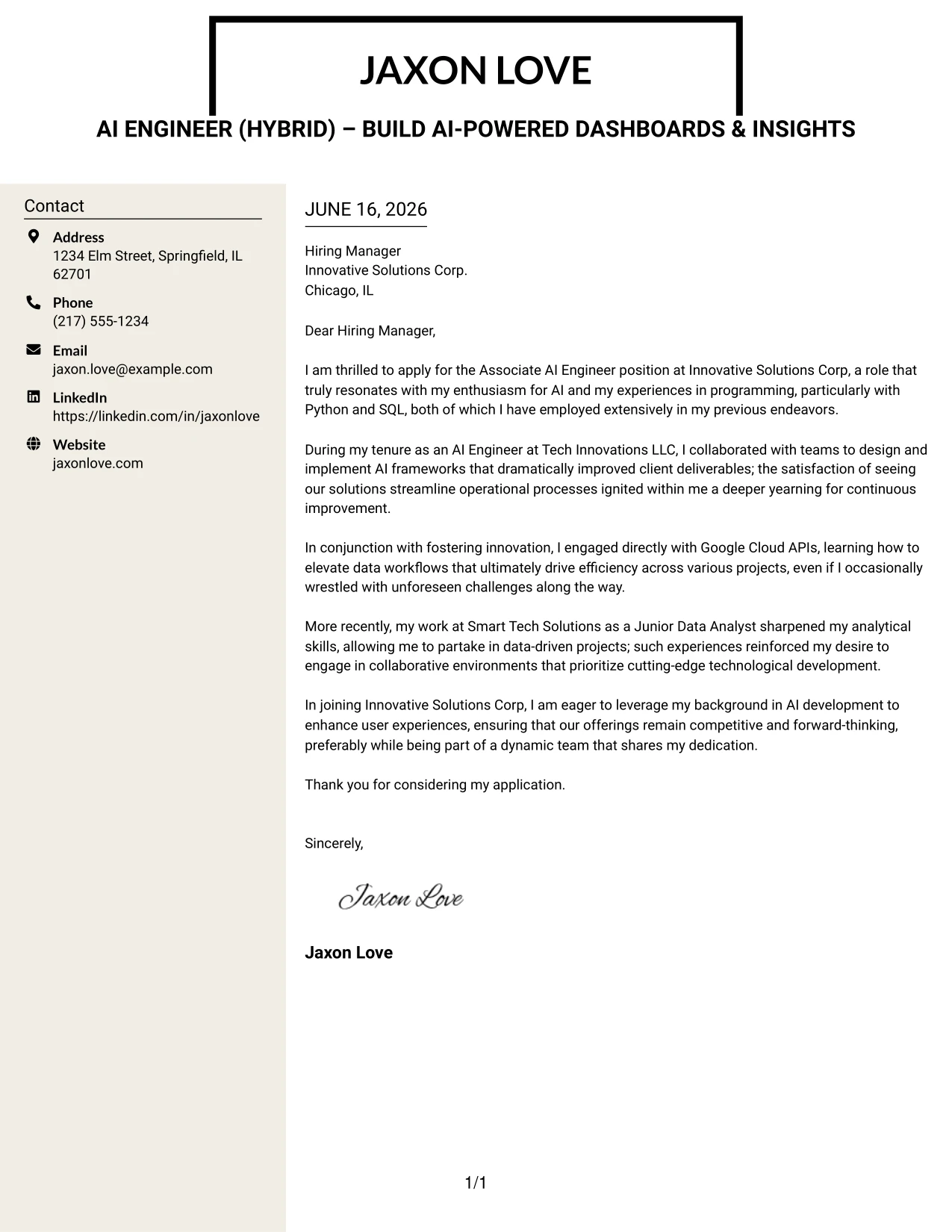 Resume Example Page 1
