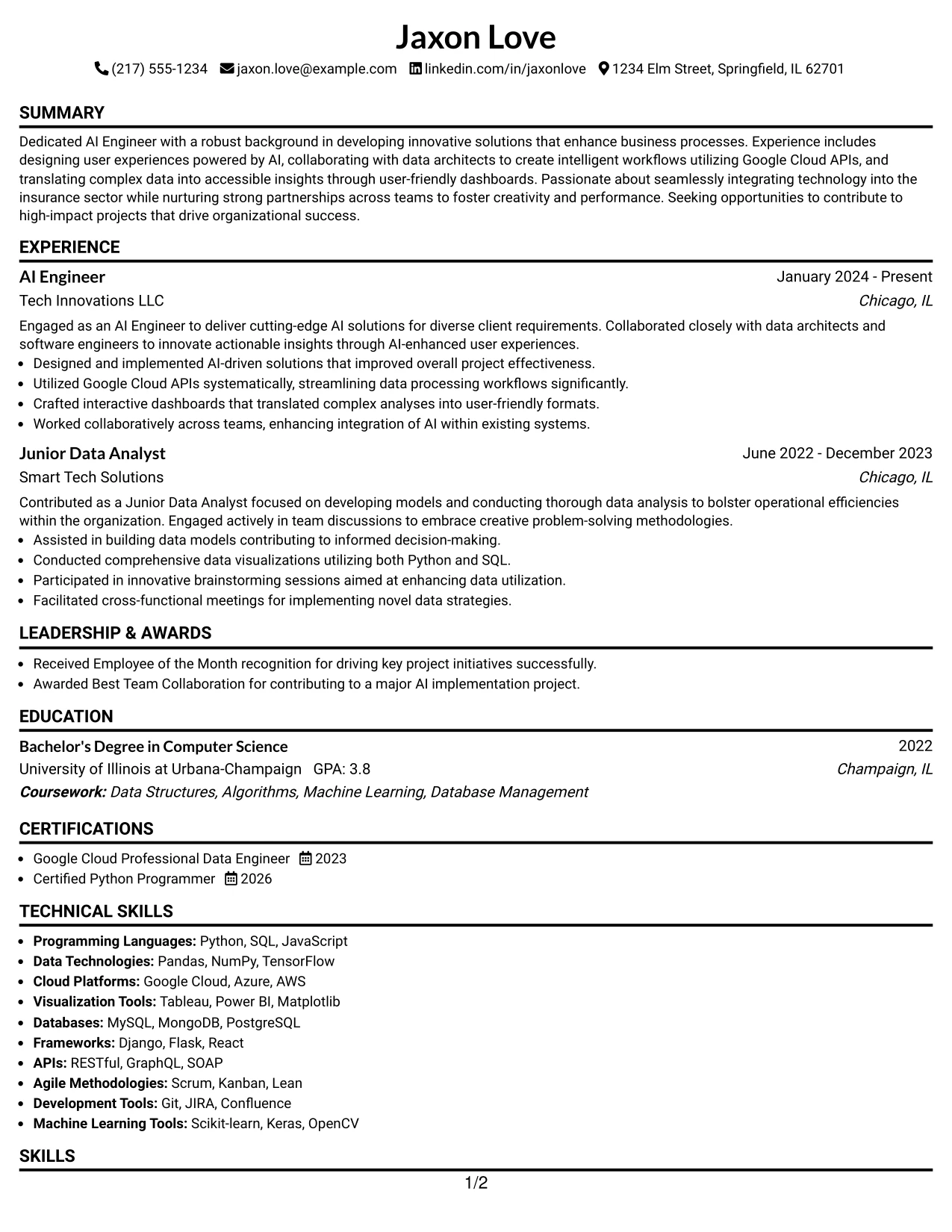 Resume Example Page 1