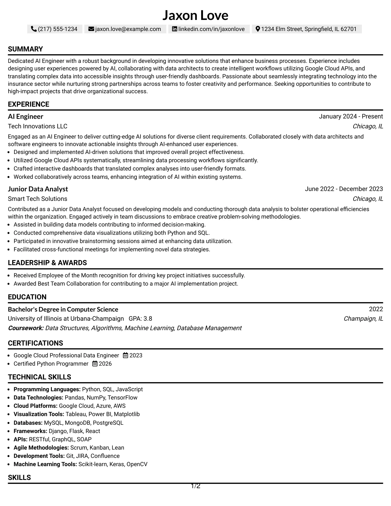 Resume Example Page 1