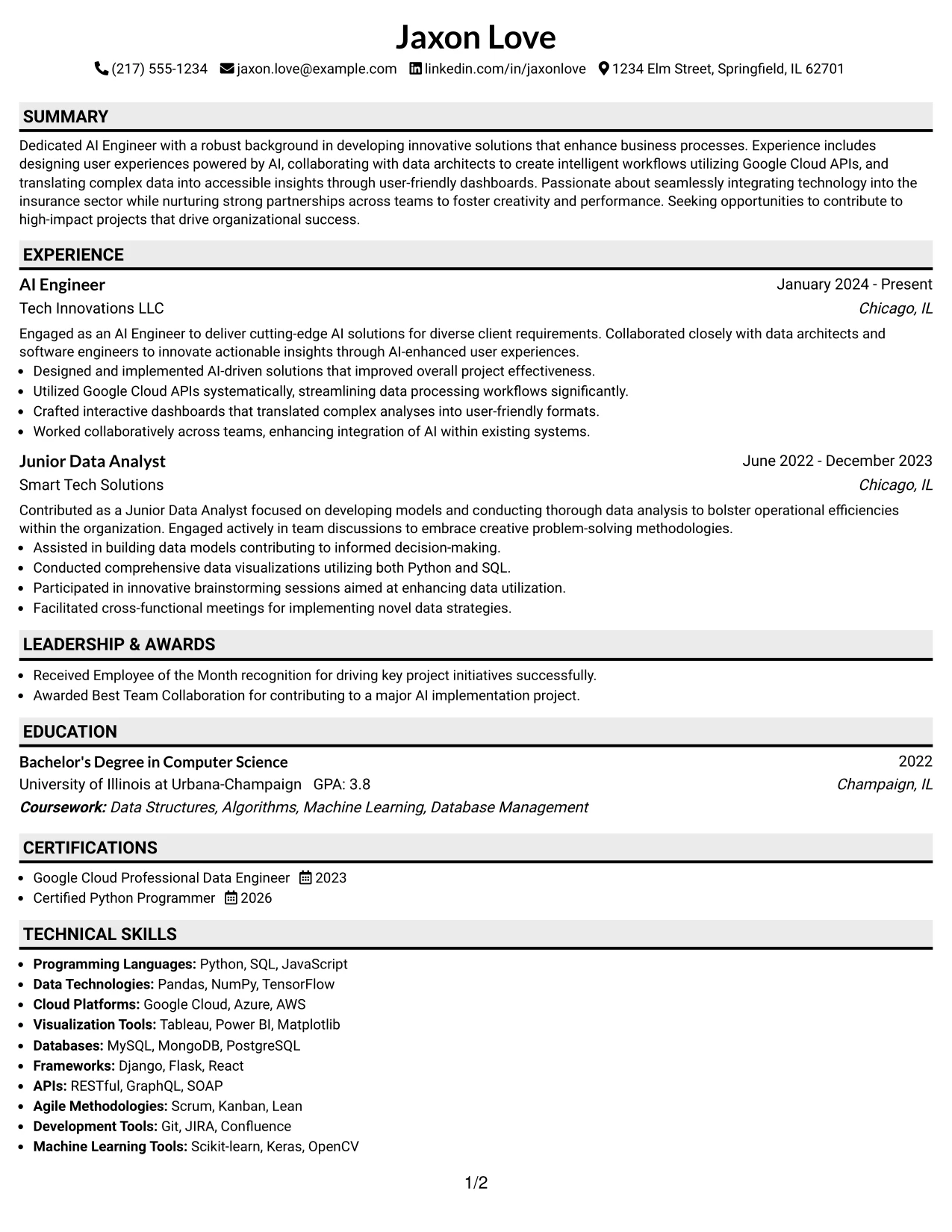 Resume Example Page 1