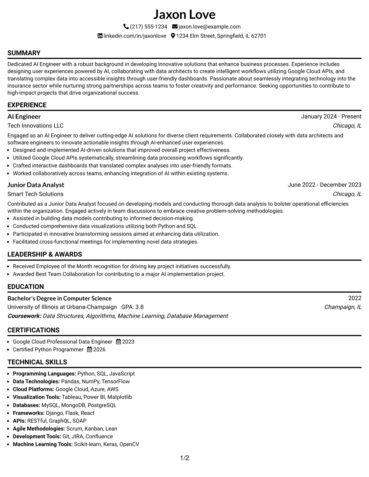 Resume Example Page 1