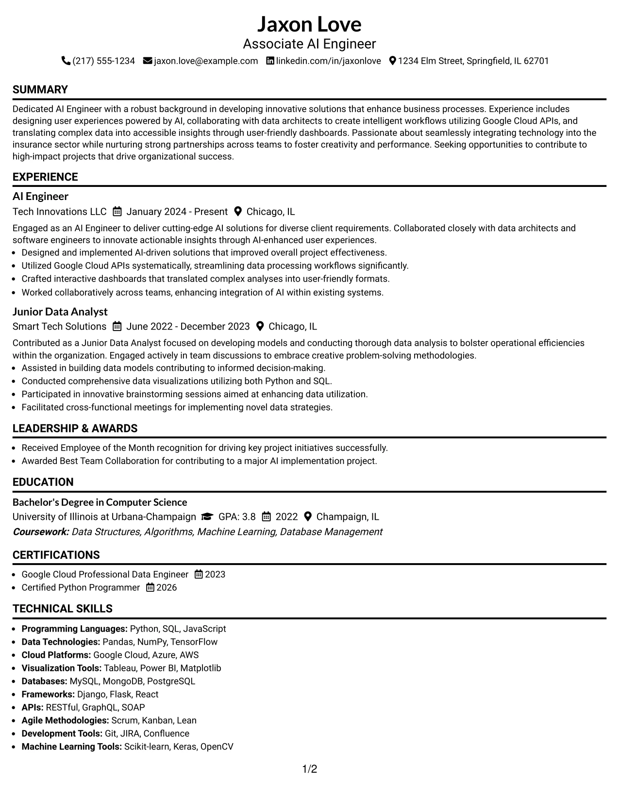 Resume Example Page 1