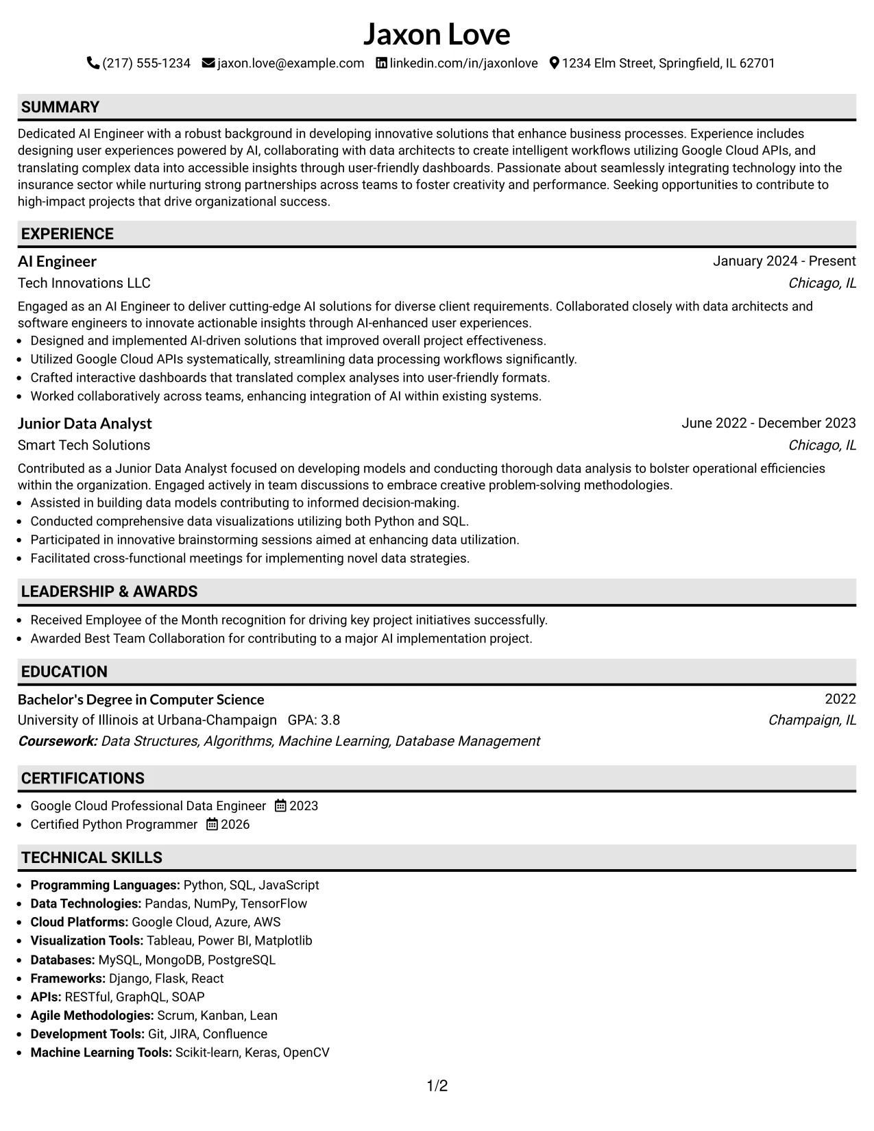 Resume Example Page 1