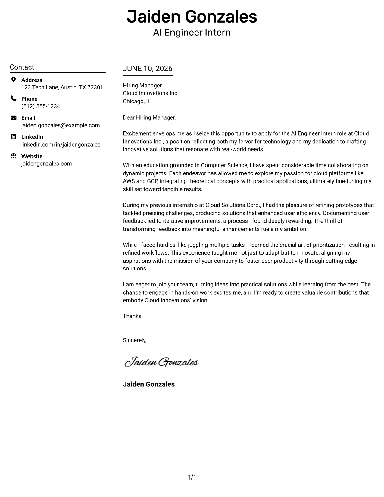 Resume Example Page 1