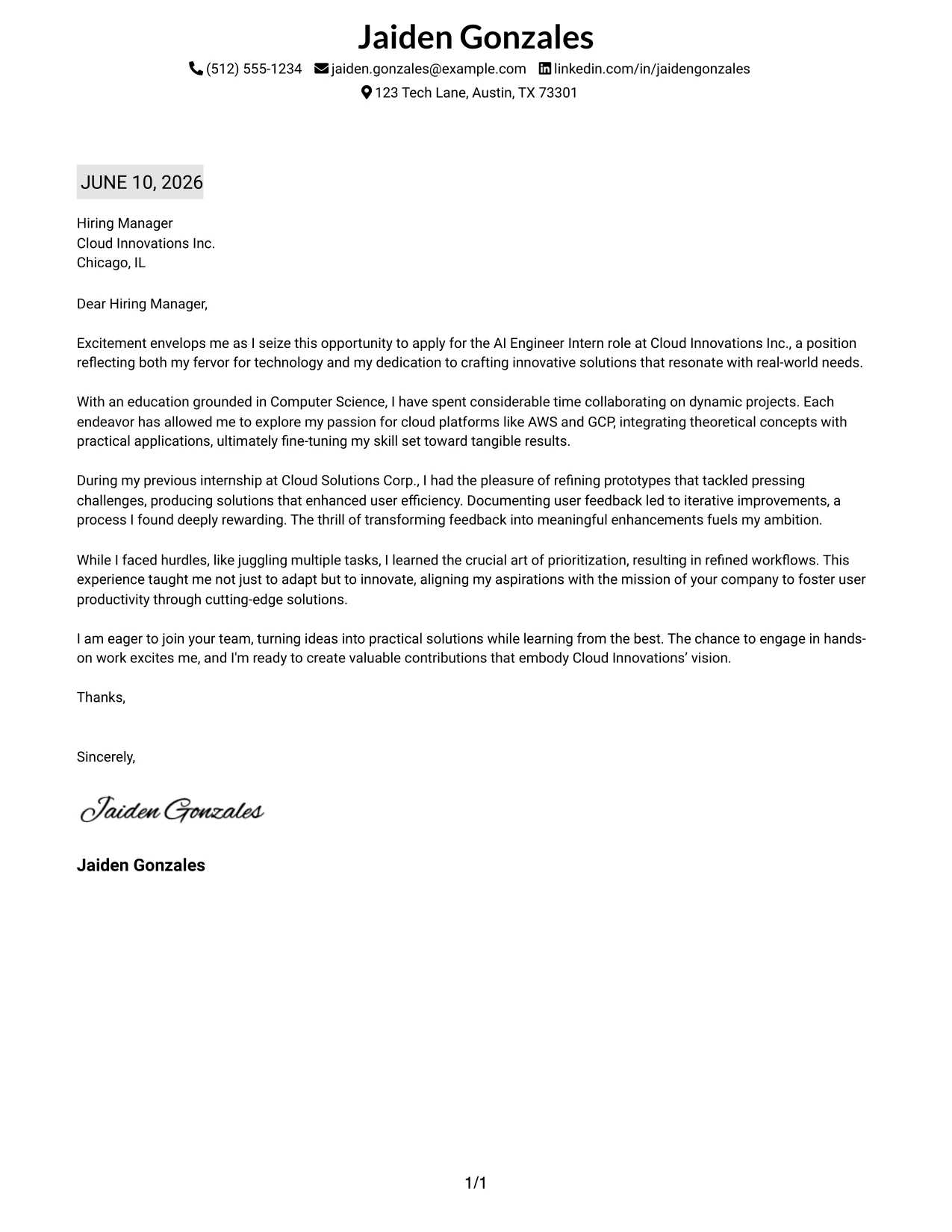 Resume Example Page 1