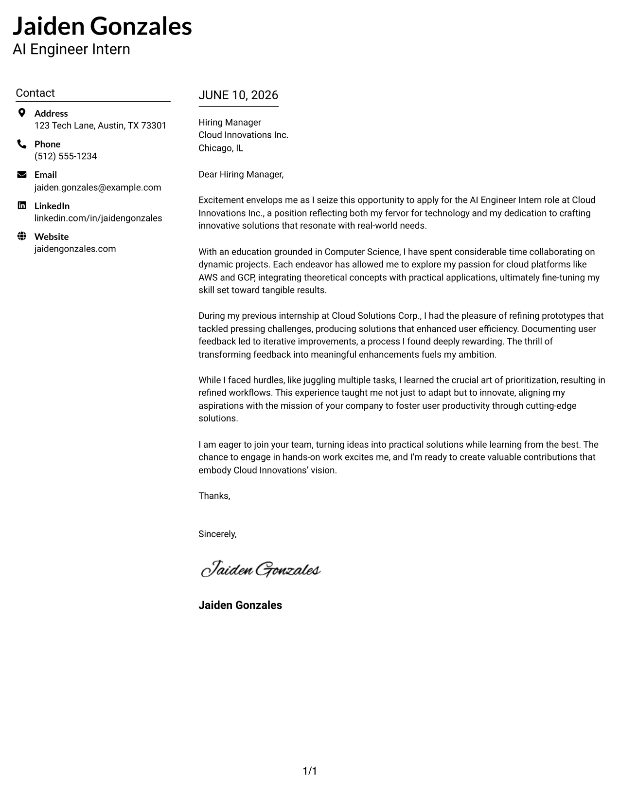 Resume Example Page 1