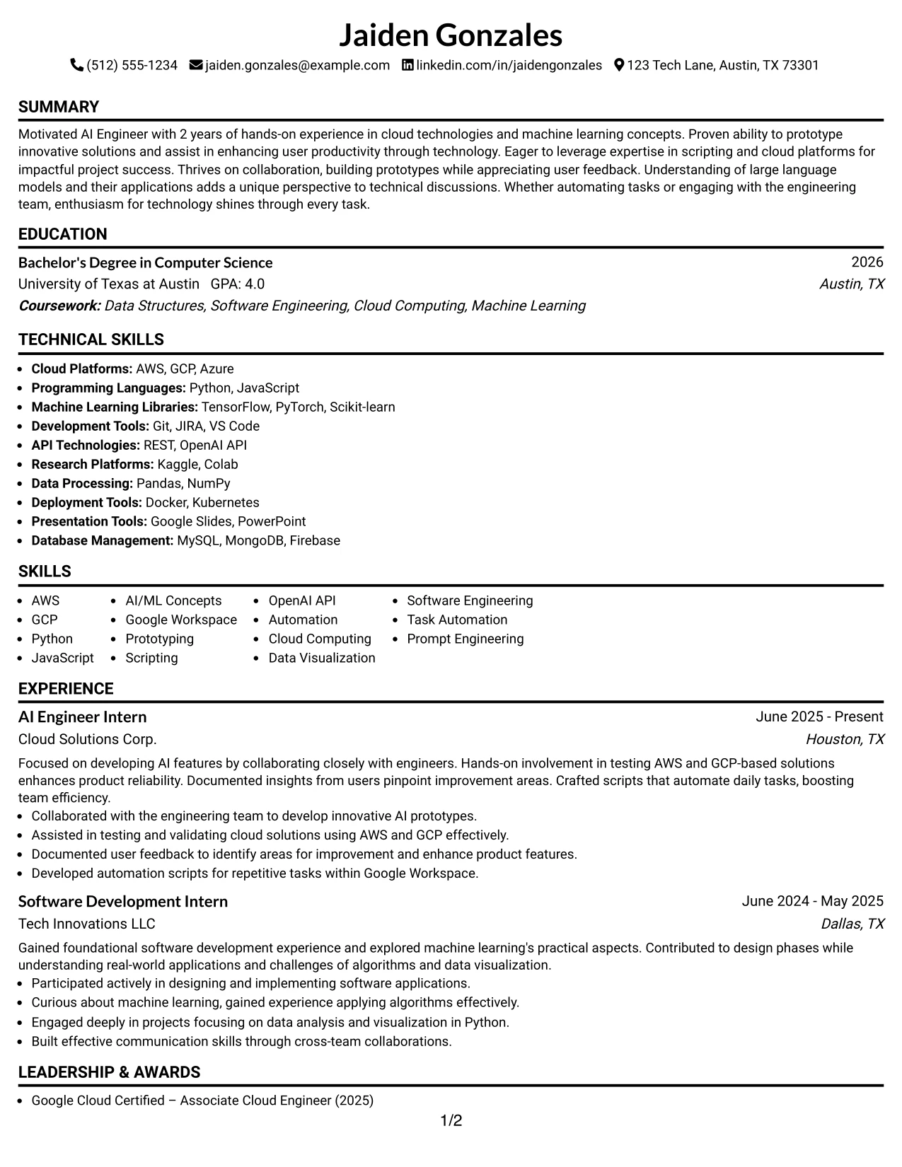 Resume Example Page 1