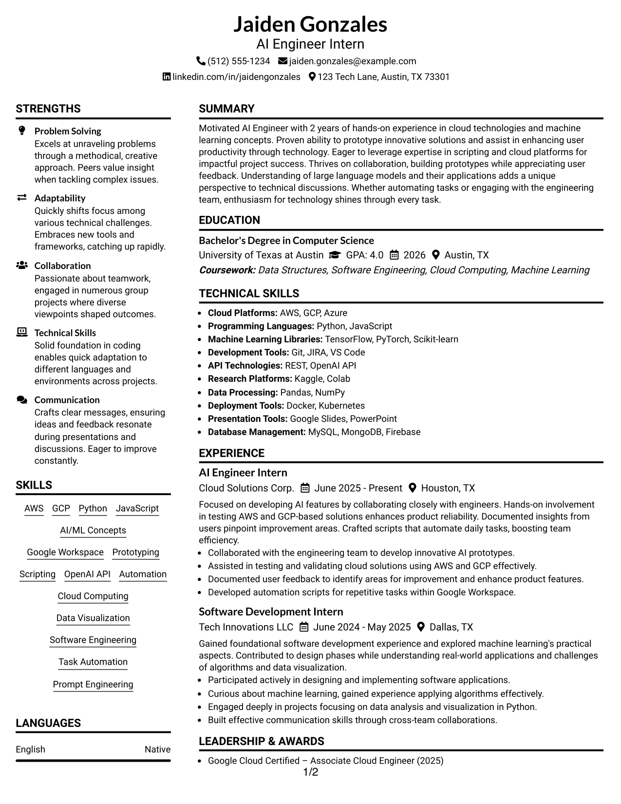 Resume Example Page 1