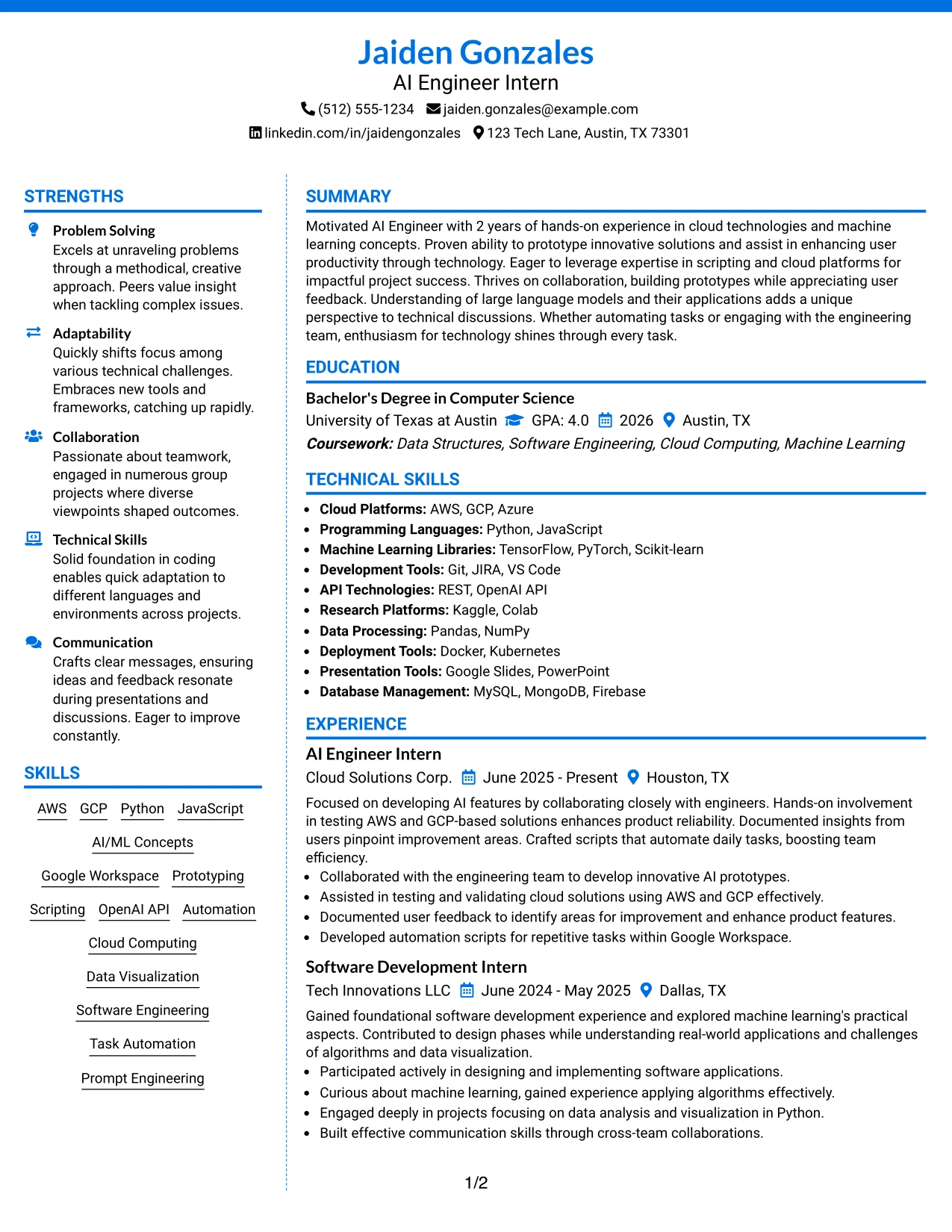Resume Example Page 1