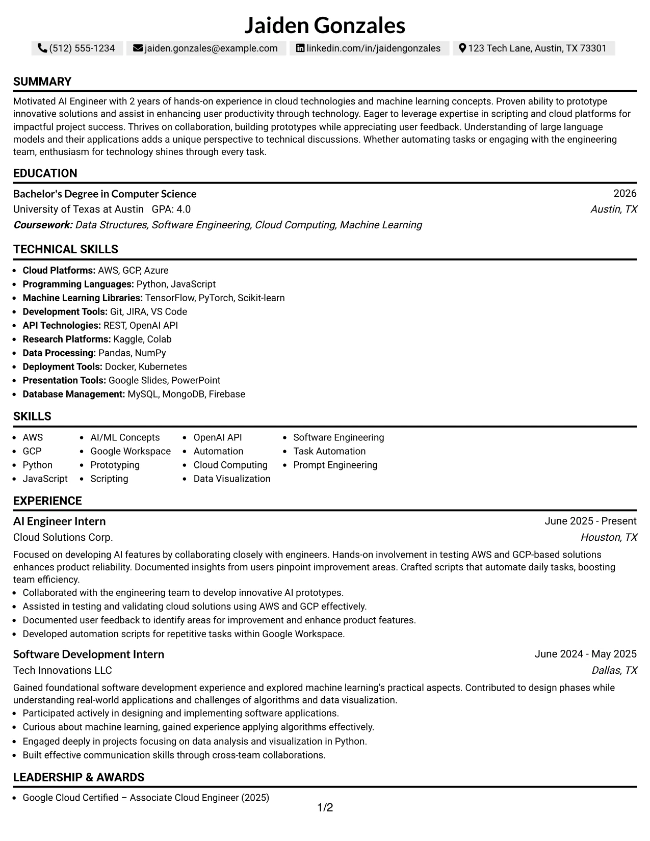 Resume Example Page 1