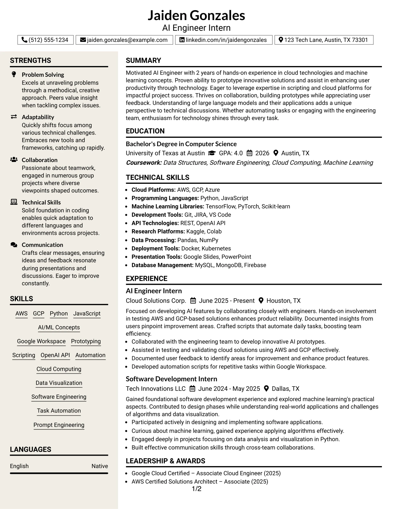 Resume Example Page 1