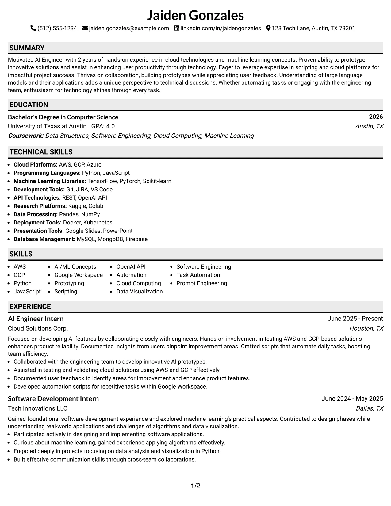 Resume Example Page 1