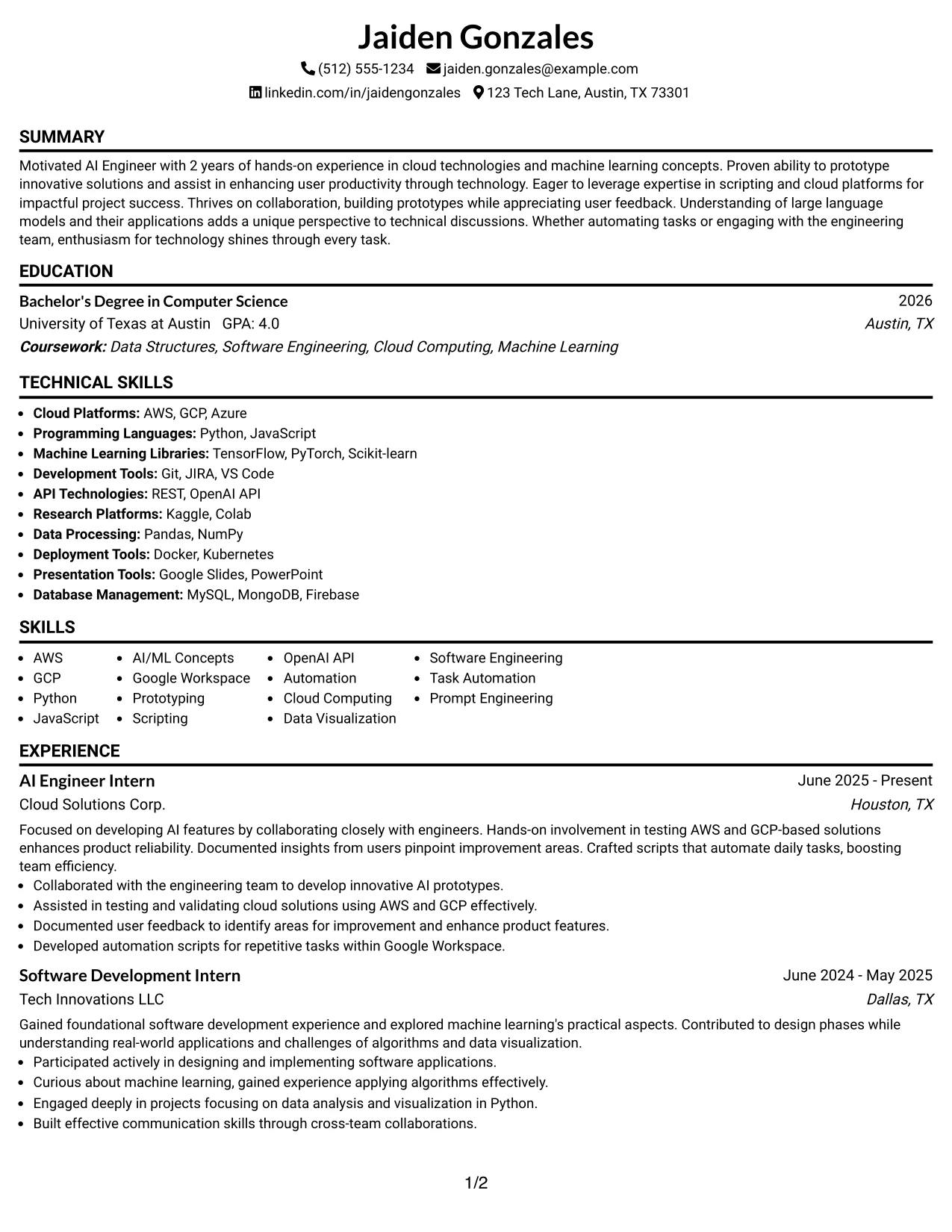 Resume Example Page 1