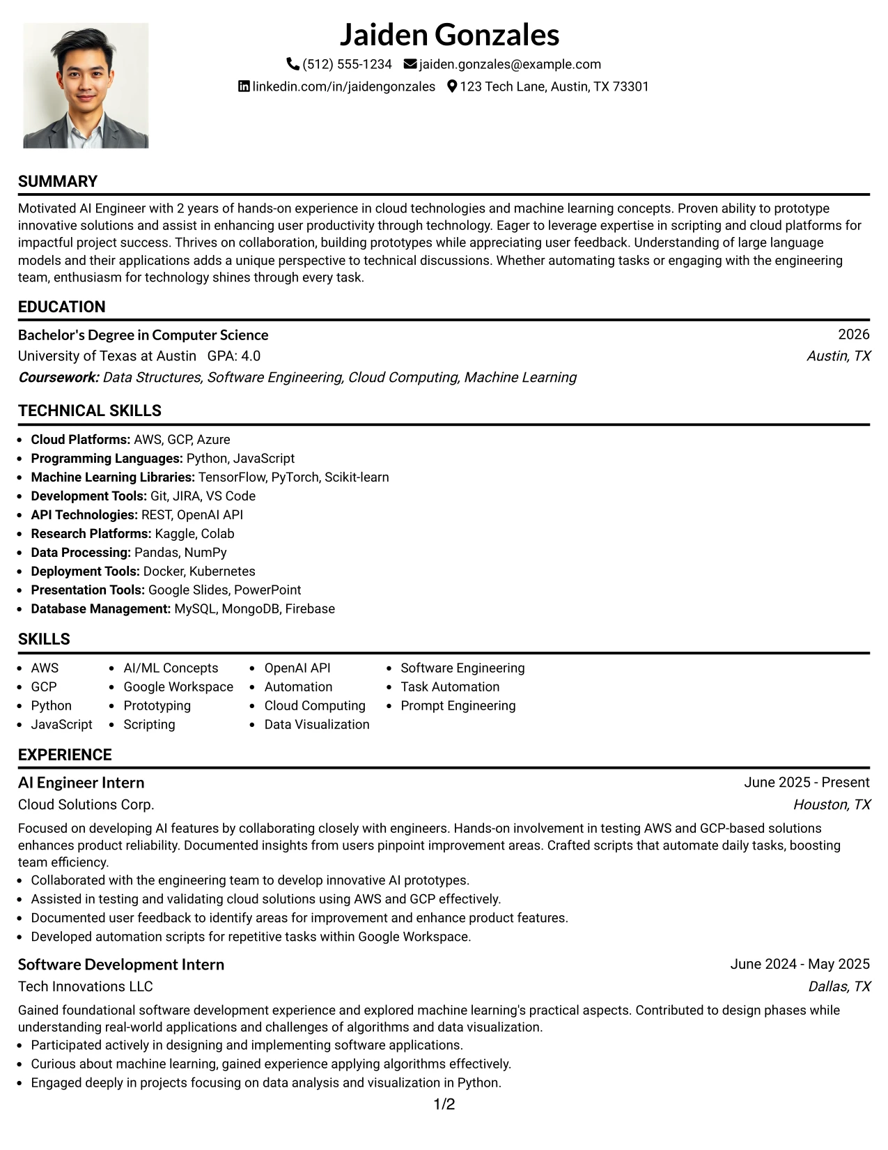 Resume Example Page 1