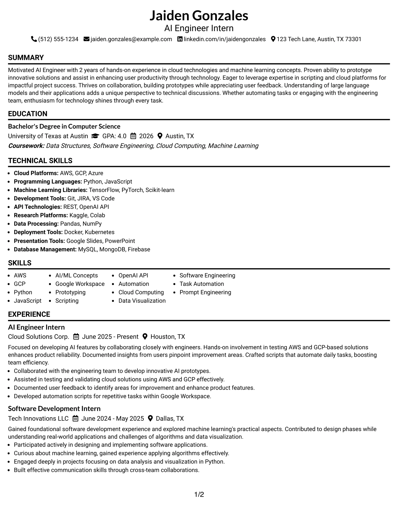 Resume Example Page 1