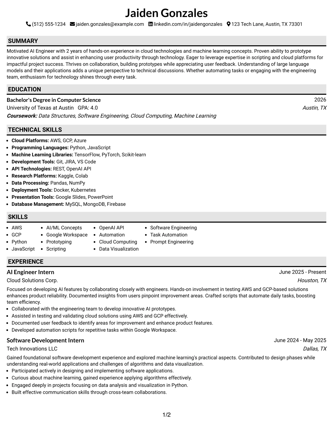 Resume Example Page 1