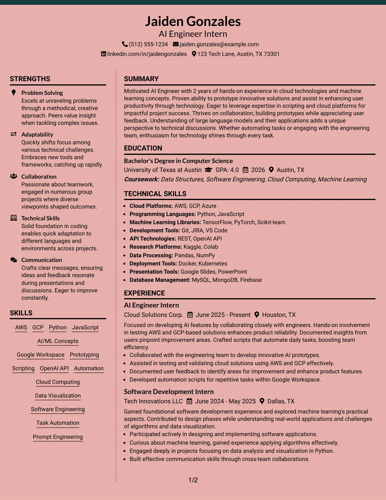 Resume Example Page 1