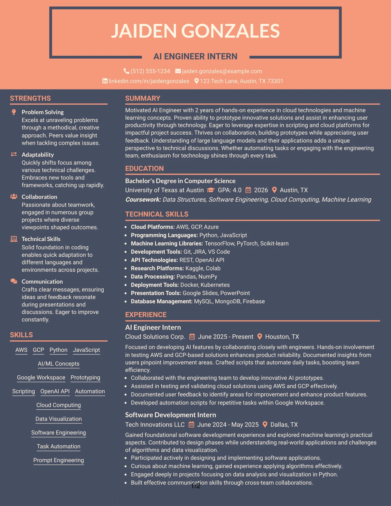 Resume Example Page 1