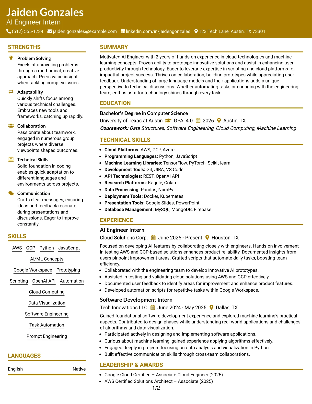 Resume Example Page 1