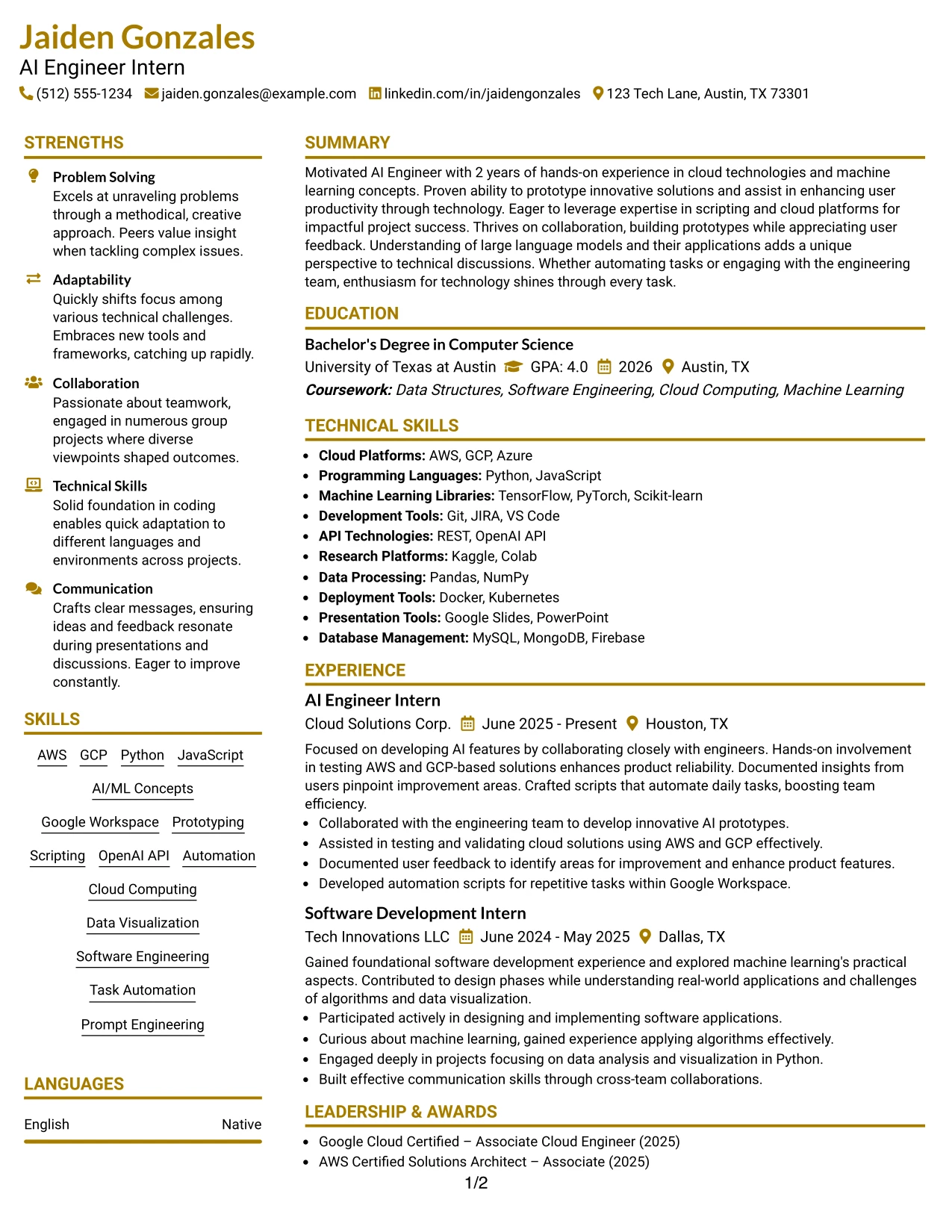 Resume Example Page 1