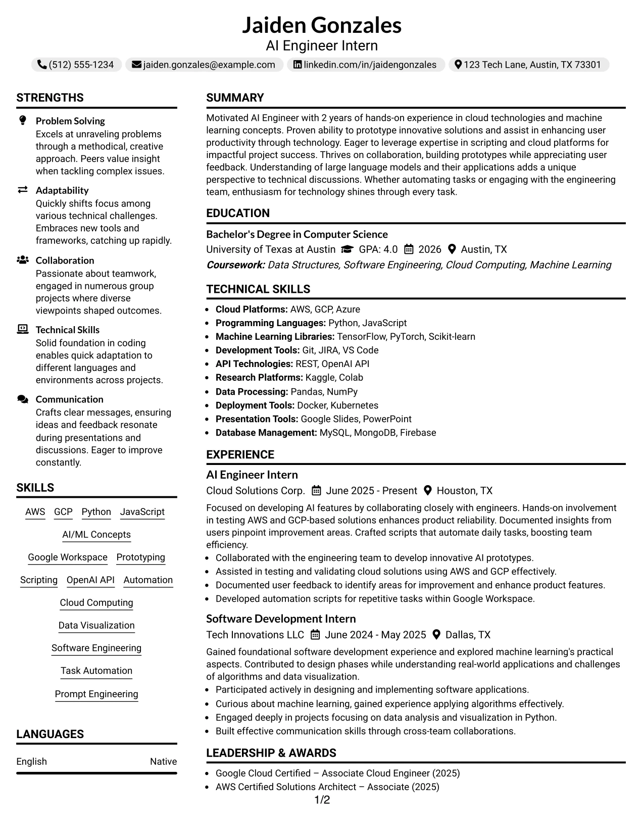 Resume Example Page 1