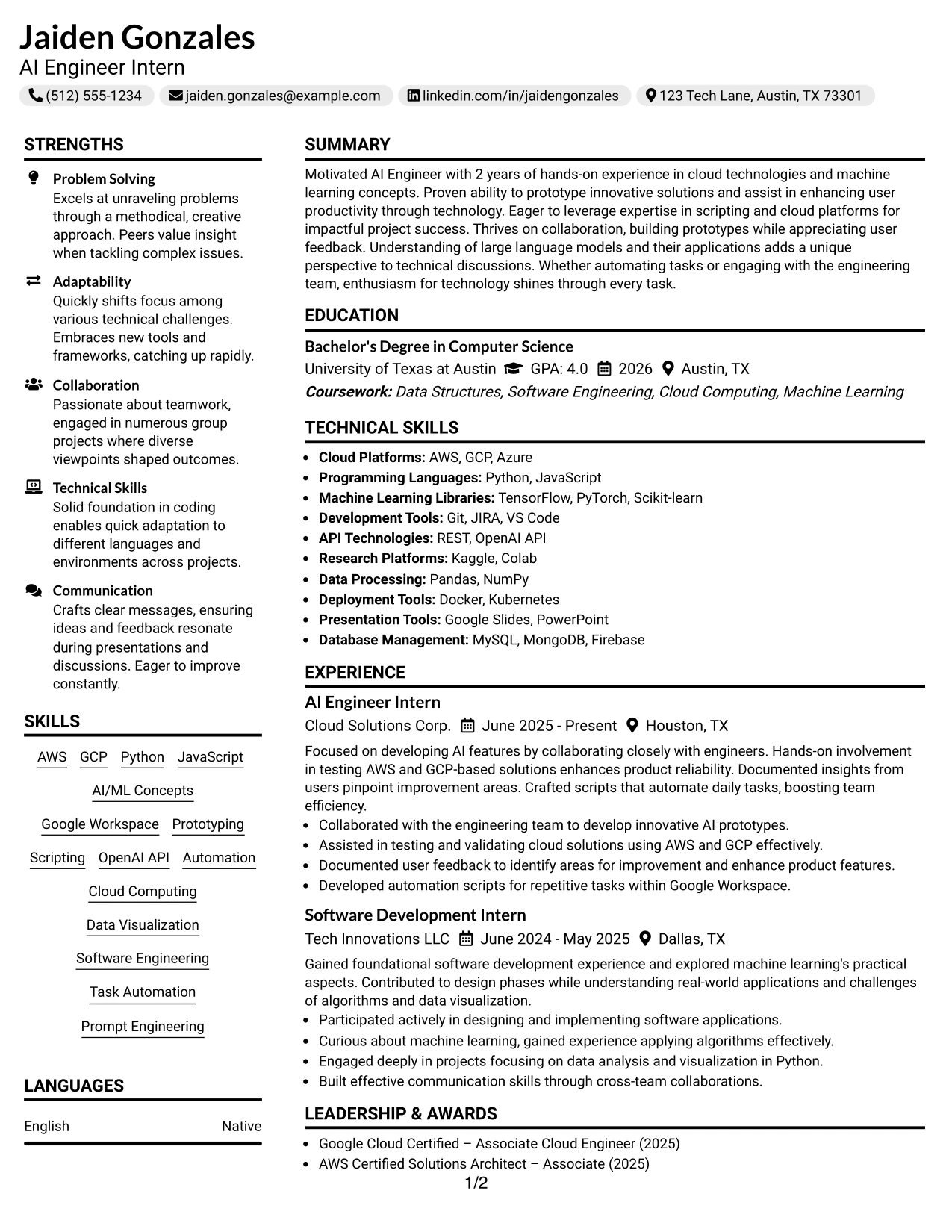 Resume Example Page 1